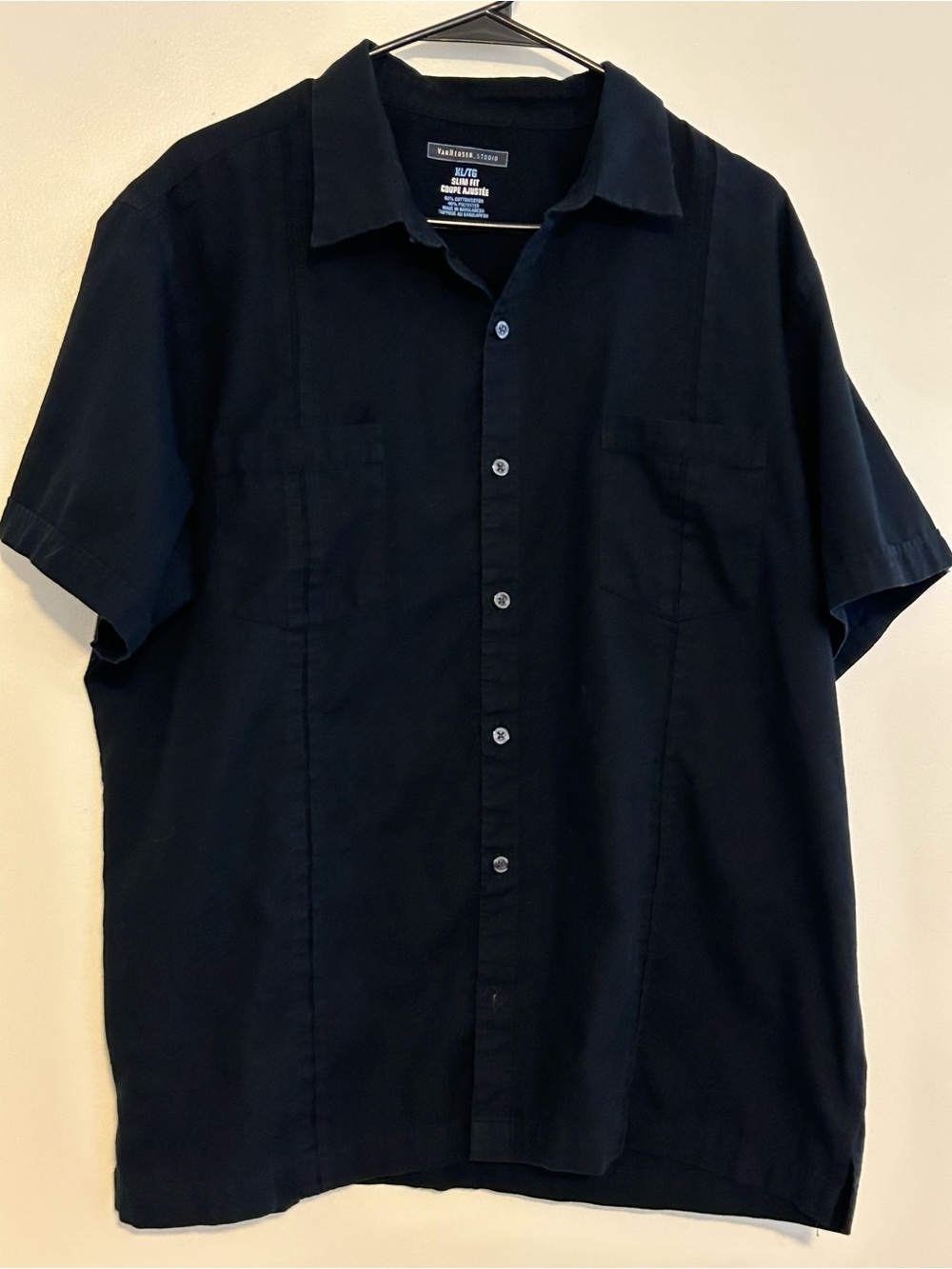 Van Heusen Studio Slim Fit Guayabera-style short-sleeve button up shirt in black